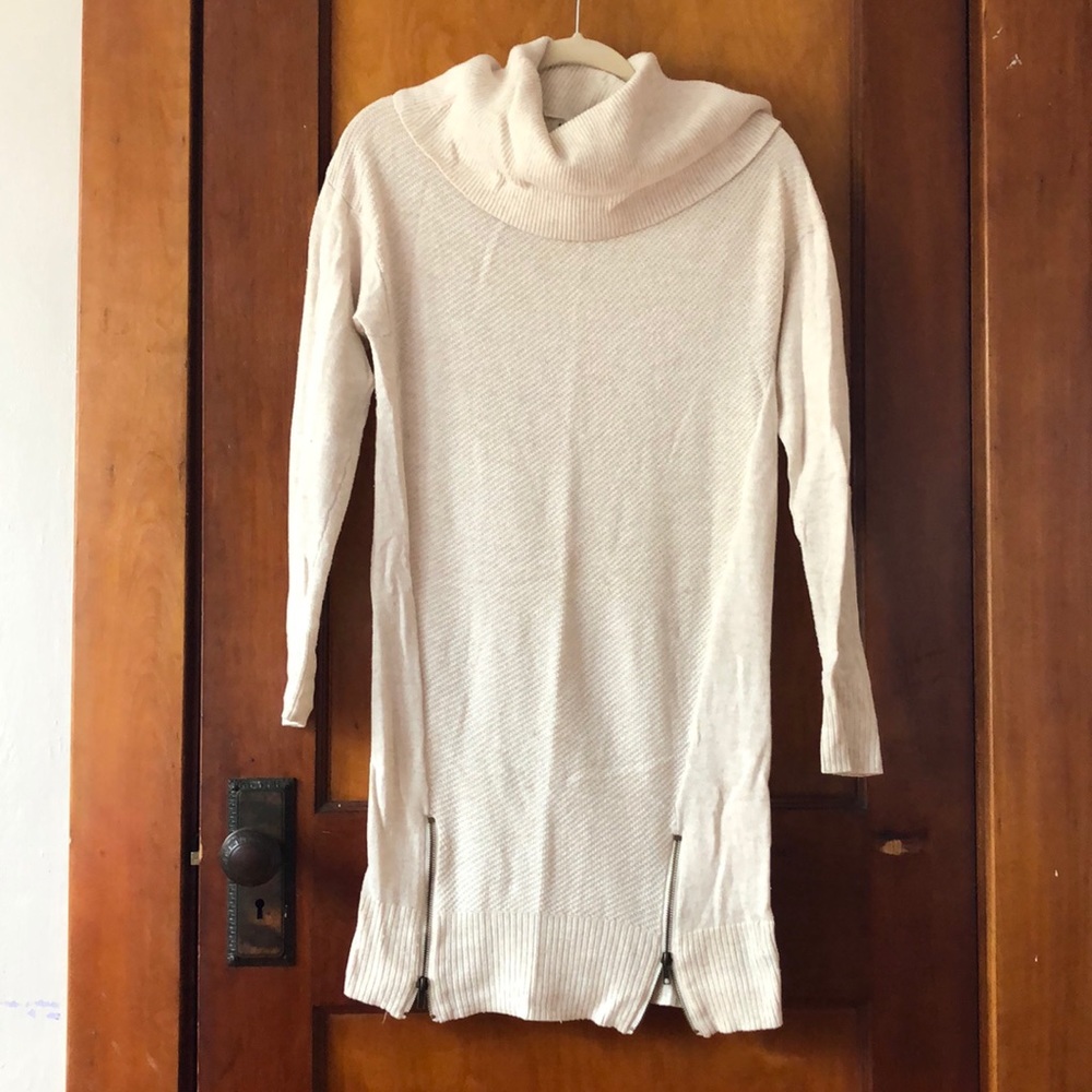 Cowl neck sweater dress.